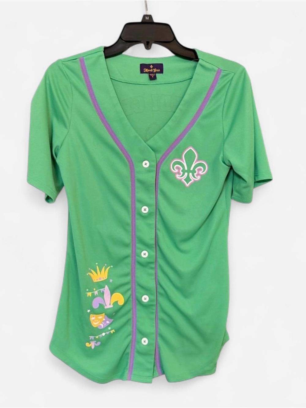 Mardi Gras Green Fleur-de-Lis Button-Front Jersey Top